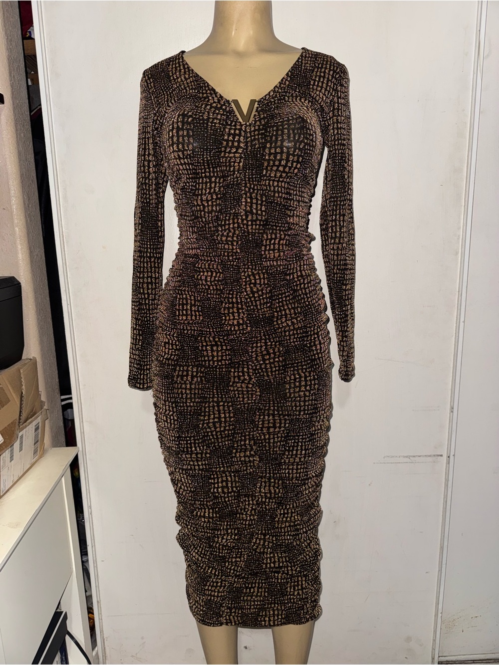 Fashion Nova Brown Patterned Long Sleeve Ruched Midi Dress